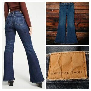 American Eagle Jeans Size 10 Super High Rise Slit Flare Blue Denim Stretch